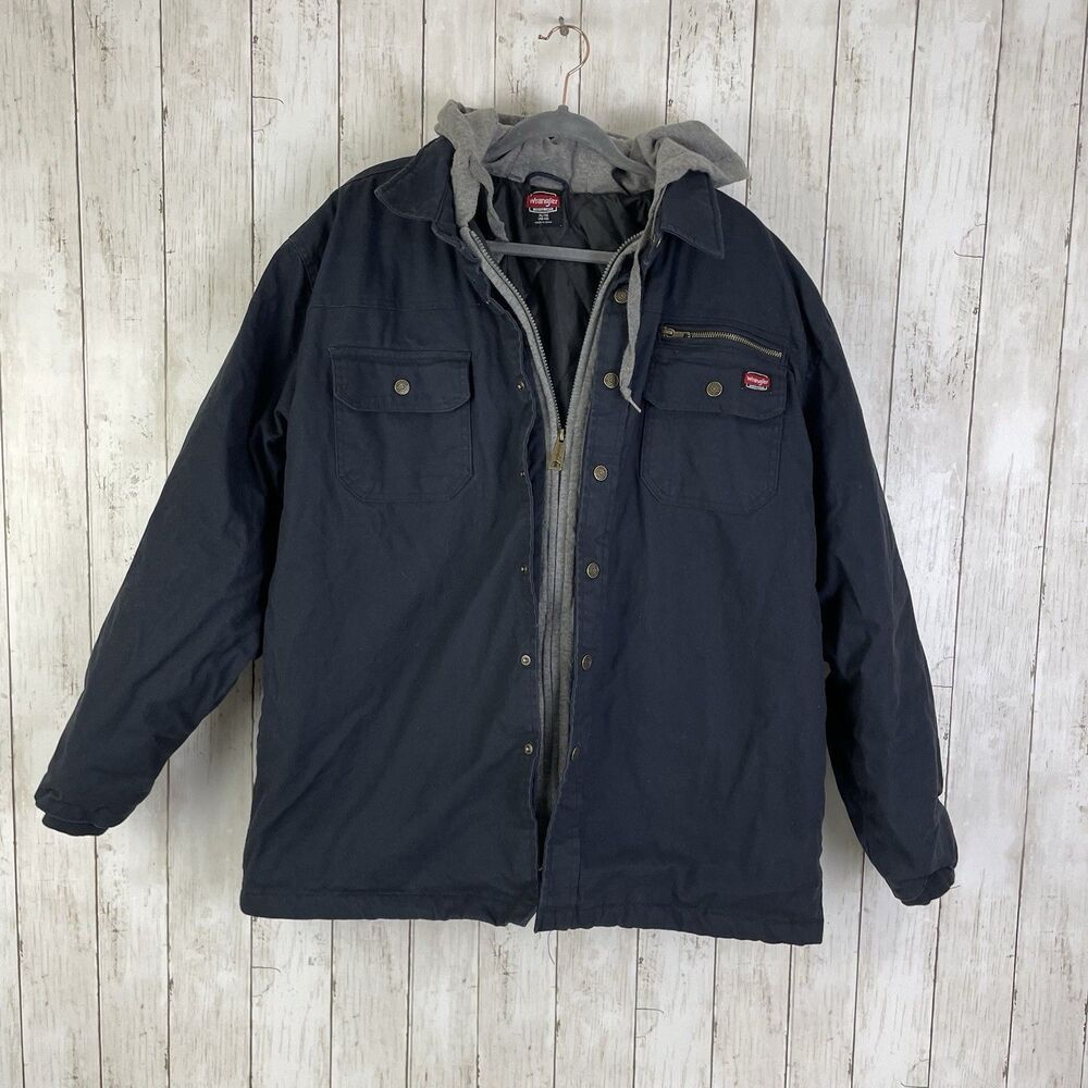 Wrangler Workwear Jacket Men’s XL Blue Hooded Quilt Lined Snap Zip Chore